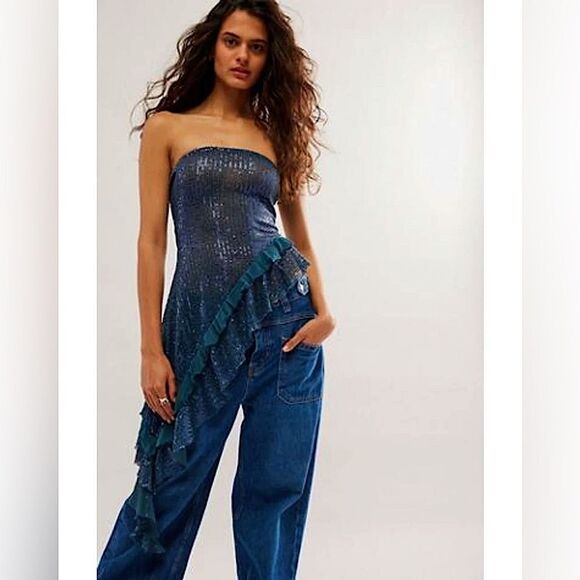 Free People Tops - Free People Blue Taylor Sequin Tube Top Sz M